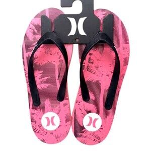 Hurley Men's Palm Tree Print Black / Pink Flip-Flops Sandals Size 12 NWOT